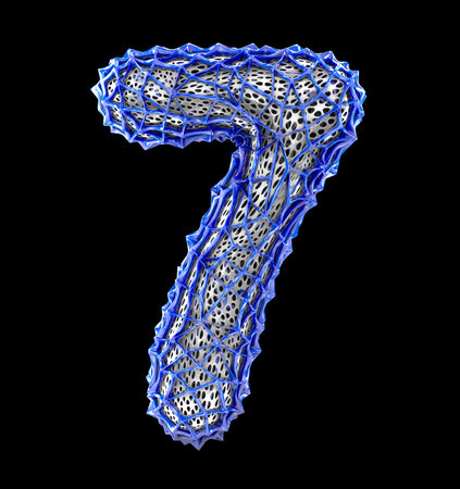 Number 7 seven made of blue plastic with abstract holes isolated on black background. 3d rendering