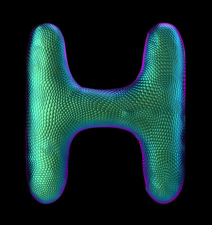 Letter H made of natural green snake skin texture isolated on black. 3d rendering