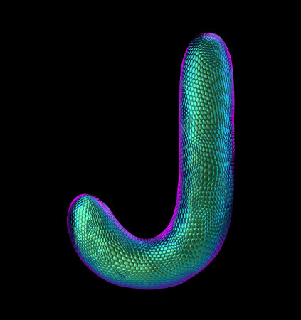 Letter J made of natural green snake skin texture isolated on black. 3d renderingの写真素材
