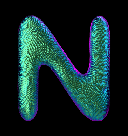 Letter N made of natural green snake skin texture isolated on black. 3d renderingの写真素材
