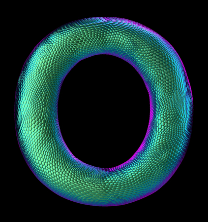 Letter O made of natural green snake skin texture isolated on black. 3d renderingの写真素材