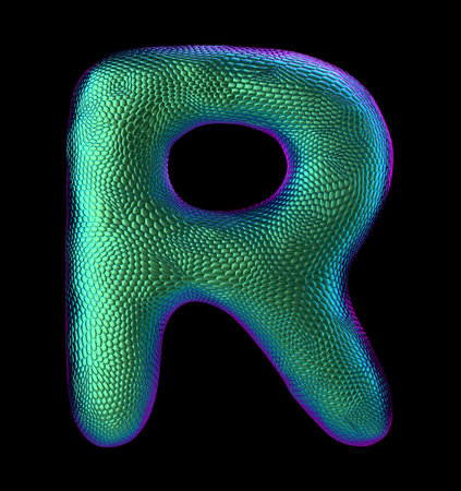 Letter R made of natural green snake skin texture isolated on black. 3d renderingの写真素材