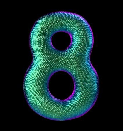 Number 8 eight made of natural green snake skin texture isolated on black. 3d renderingの写真素材