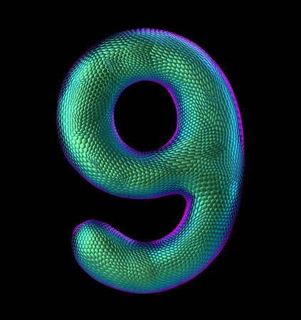 Number 9 nine made of natural green snake skin texture isolated on black. 3d rendering