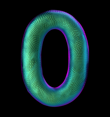 Number 0 zero made of natural green snake skin texture isolated on black. 3d renderingの写真素材