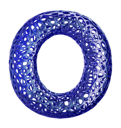 Blue plastic letter O with abstract holes isolated on white background. 3d rendering