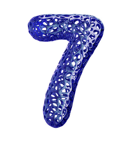 Number 7 seven made of blue plastic with abstract holes isolated on white background. 3d rendering