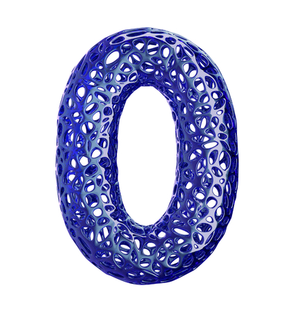 Number 0 zero made of blue plastic with abstract holes isolated on white background. 3d renderingの写真素材