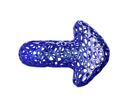 Arrow made of blue plastic with abstract holes isolated on white background. 3d rendering