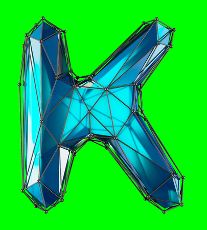 Capital latin letter K in low poly style blue color isolated on green background. 3d renderingの写真素材