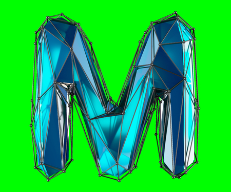 Capital latin letter M in low poly style blue color isolated on green background. 3d renderingの写真素材