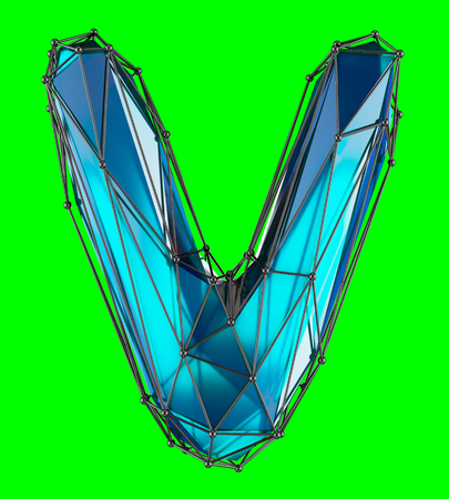 Capital latin letter V in low poly style blue color isolated on green background. 3d renderingの写真素材