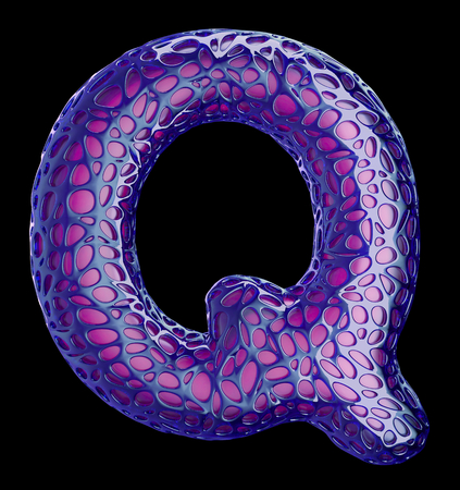 Purple plastic letter Q with abstract holes isolated on black background. 3d renderingの写真素材