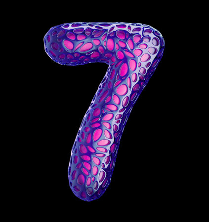 Number 7 seven made of purple plastic with abstract holes isolated on black background. 3d rendering