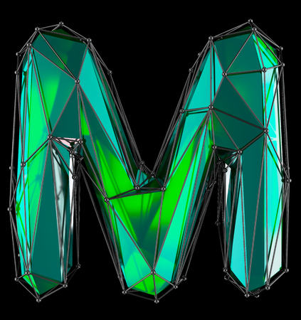 Capital latin letter M in low poly style green color isolated on black background. 3d renderingの写真素材