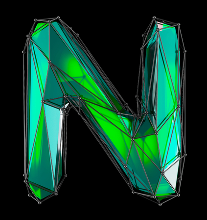 Capital latin letter N in low poly style green color isolated on black background. 3d renderingの写真素材