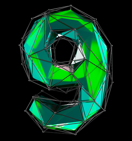 Low poly style number 9. Green color isolated on black background. 3d renderingの写真素材