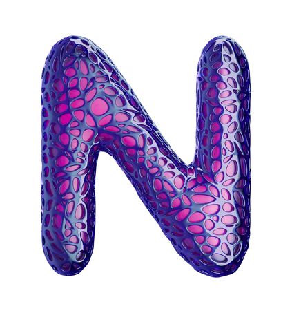 Purple plastic letter N with abstract holes isolated on white background. 3d renderingの写真素材