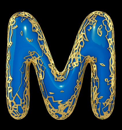 Golden shining metallic 3D with blue paint symbol capital letter M - uppercase isolated on black. 3d renderingの写真素材