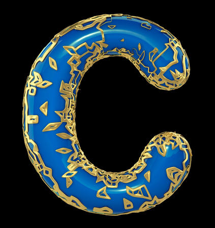Golden shining metallic 3D with blue paint symbol capital letter C - uppercase isolated on black. 3d renderingの写真素材