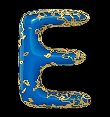 Golden shining metallic 3D with blue paint symbol capital letter E - uppercase isolated on black. 3d renderingの写真素材