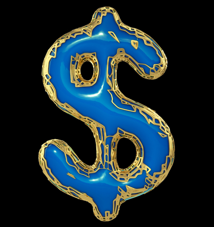 dollar sign made in golden shining metallic 3D with blue paint isolated on black background. 3d renderingの写真素材