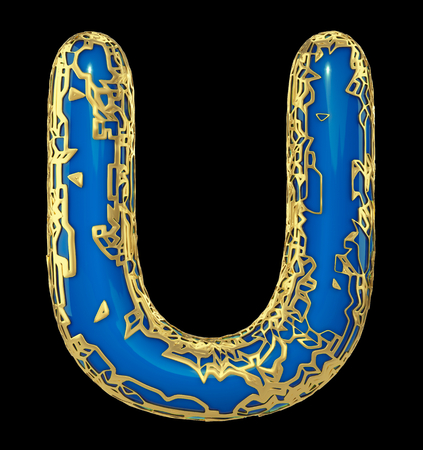 Golden shining metallic 3D with blue paint symbol capital letter U - uppercase isolated on black. 3d renderingの写真素材