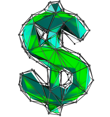 Dollar sign made in low poly style green color isolated on white background. 3d renderingの写真素材