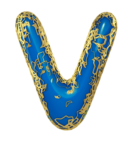 Golden shining metallic 3D with blue paint symbol capital letter V - uppercase isolated on white. 3d renderingの写真素材
