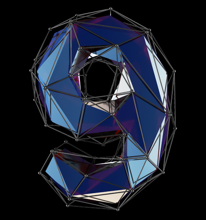 Low poly style number 9. Blue color isolated on black background. 3d renderingの写真素材