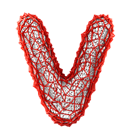 Red plastic letter V with abstract holes isolated on white background. 3d renderingの写真素材