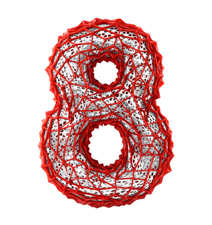 Number 8 eight made of red plastic with abstract holes isolated on white background. 3d rendering