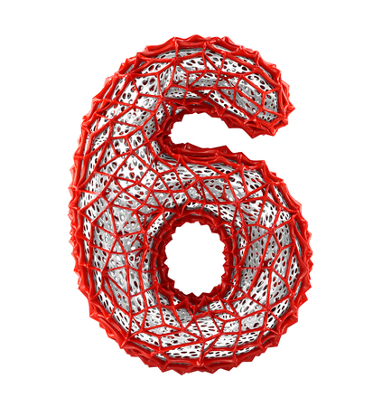 Number 6 six made of red plastic with abstract holes isolated on white background. 3d renderingの写真素材