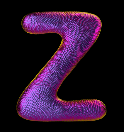 Letter Z made of natural purple snake skin texture isolated on black. 3d renderingの写真素材