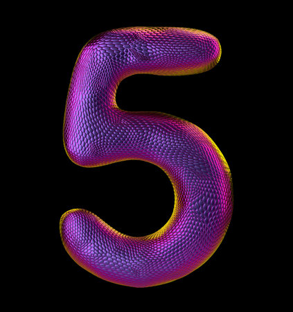 Number 5 five made of natural purple snake skin texture isolated on black. 3d rendering