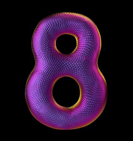 Number 8 eight made of natural purple snake skin texture isolated on black. 3d renderingの写真素材
