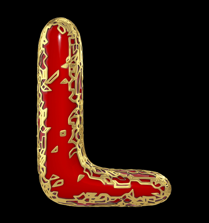Golden shining metallic 3D with red paint symbol capital letter L - uppercase isolated on black. 3d renderingの写真素材
