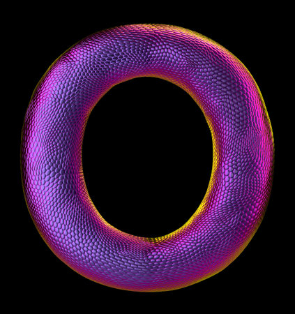 Letter O made of natural purple snake skin texture isolated on black. 3d rendering