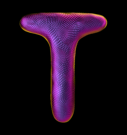 Letter T made of natural purple snake skin texture isolated on black. 3d renderingの写真素材