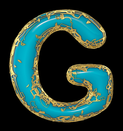 Golden shining metallic 3D with blue paint symbol capital letter G - uppercase isolated on black. 3d renderingの写真素材