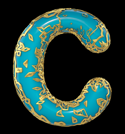 Golden shining metallic 3D with blue paint symbol capital letter C - uppercase isolated on black. 3d renderingの写真素材