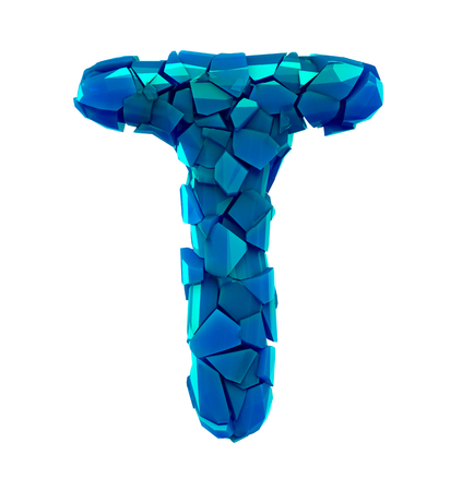 Alphabet made of plastic shards blue color isolated on white background- letter T 3d renderingの写真素材