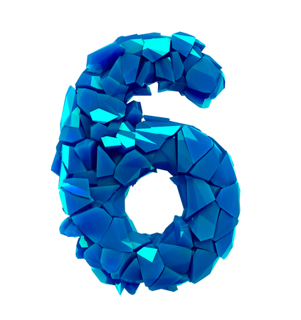 Number six 6 in a 3D illustration made of broken plastic blue color isolated white backgroundの写真素材