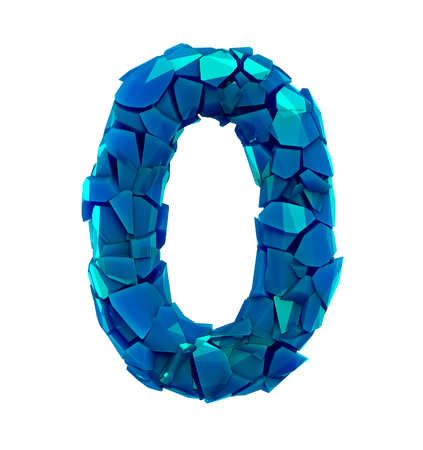 Number zero 0 in a 3D illustration made of broken plastic blue color isolated white backgroundの写真素材