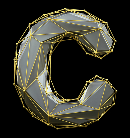 Capital latin letter C in low poly style silver and gold color isolated on black background. 3d renderingの写真素材