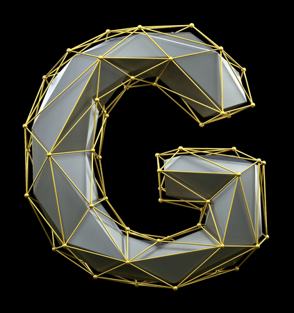 Capital latin letter G in low poly style silver and gold color isolated on black background. 3d renderingの写真素材