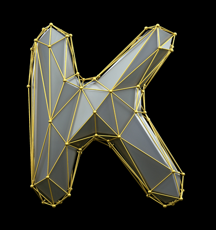 Capital latin letter K in low poly style silver and gold color isolated on black background. 3d renderingの写真素材