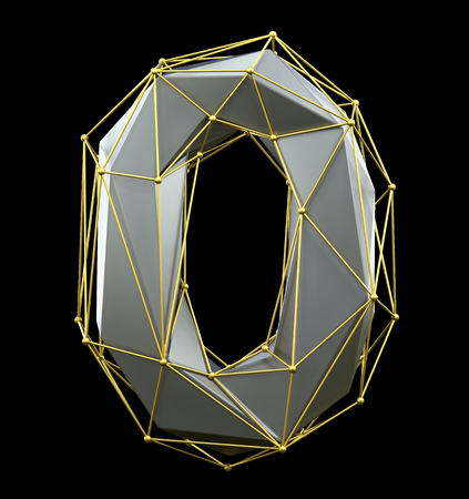 Low poly style number 0. Silver and gold color isolated on black background. 3d renderingの写真素材