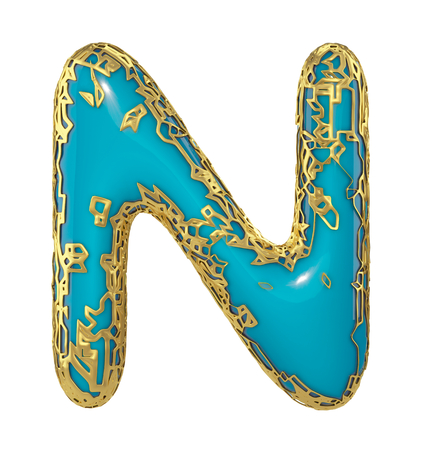 Golden shining metallic 3D with blue paint symbol capital letter N - uppercase isolated on white. 3d renderingの写真素材