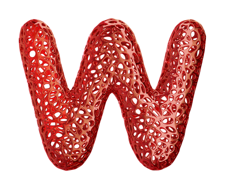 Letter W made of red plastic with abstract holes isolated on white background. 3d renderingの写真素材